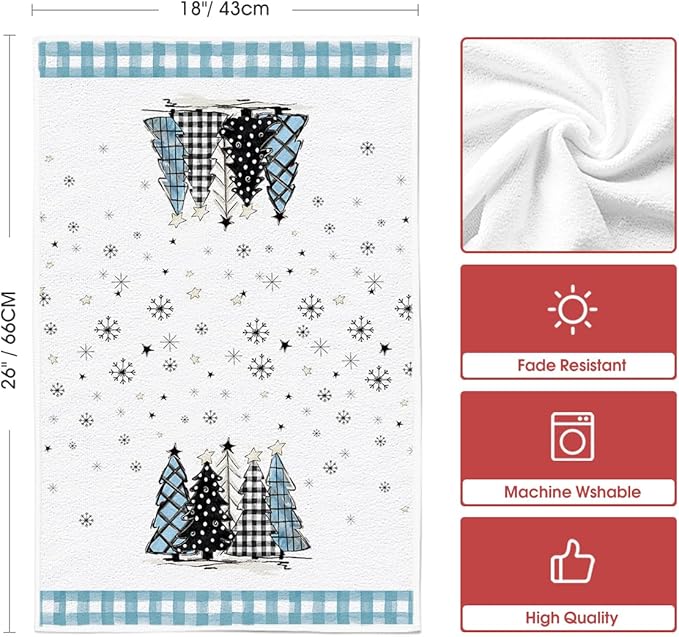 Artoid Mode Blue Xmas Tree Merry Christmas Kitchen Towels Dish Towels, 18x26 Inch Buffalo Plaid Snowflakes Winter Decoration Hand Towels Set of 2