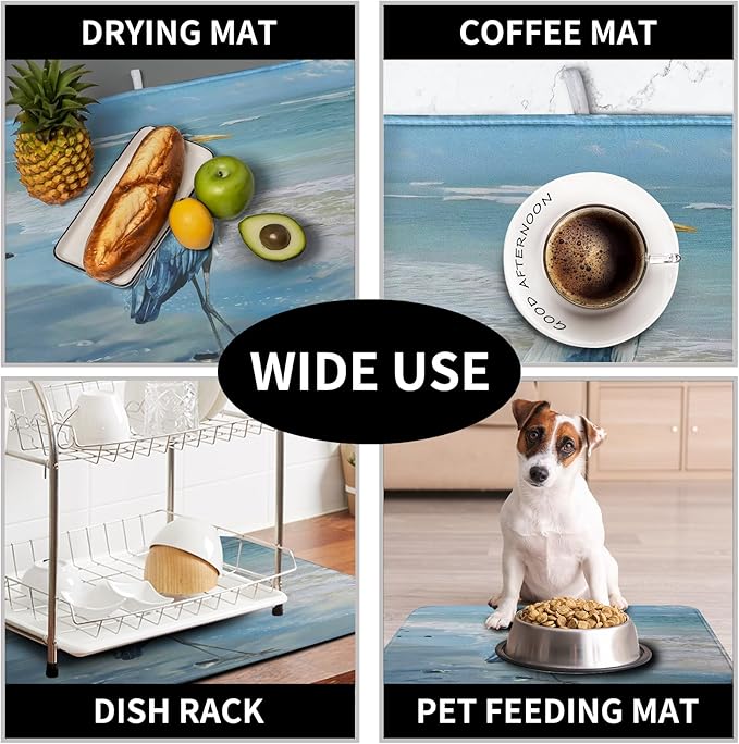 Summer Blue Dish Drying Mat for Kitchen Counter 18x24 Inch Heron Coastal Beach Drying Mats Nautical Ocean Bird Dishes Drainer Mats Microfiber Absorbent Dish Rack Pad