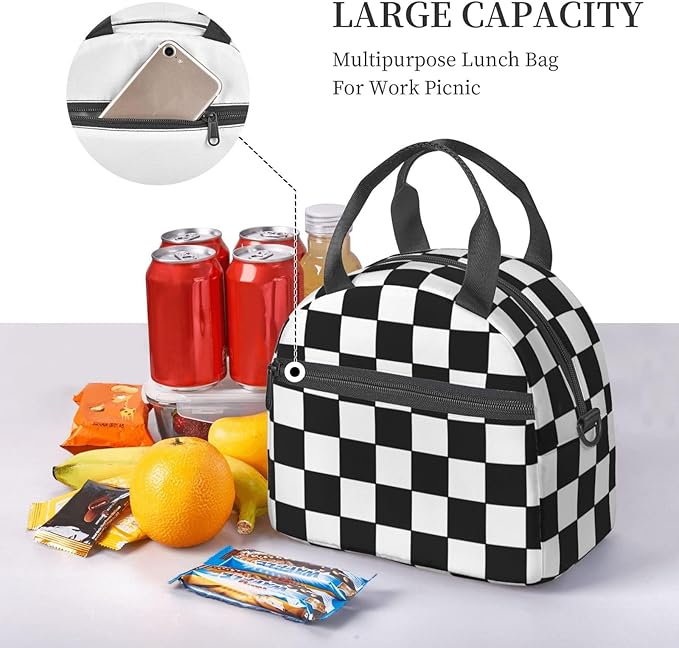 Black White Checkered Reusable Insulated Lunch Box Waterproof Lunch Bag with Detachable and Adjustable Shoulder Strap for Office Picnic or Travel