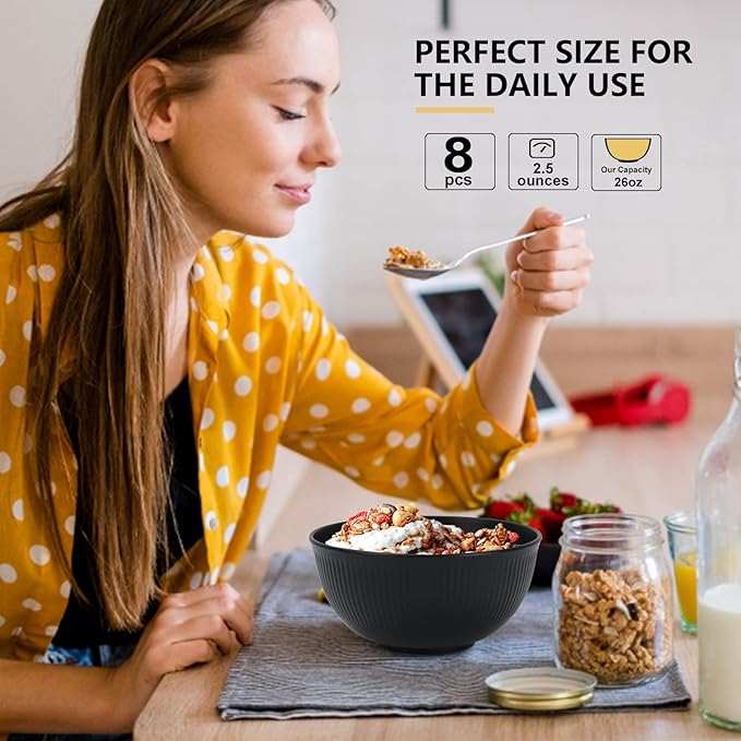 PYRMONT Cereal Bowl Sets of 8 Unbreakable Lightweight 26 OZ Bowls Set Microwave and Dishwasher Safe Wheat Straw Bowls for Soup, Oatmeal, Pasta, and Salad(Black)