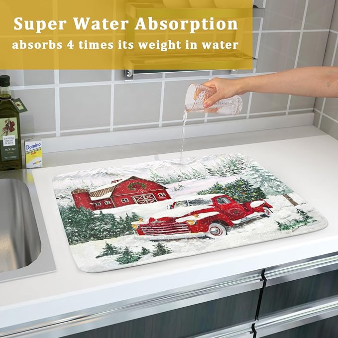Winter Red Truck Dish Drying Mat Christmas Tree Dishes Pad 18x24 Inch Dish Drainer Rack Mats Absorbent Fast Dry Kitchen Holiday Accessories