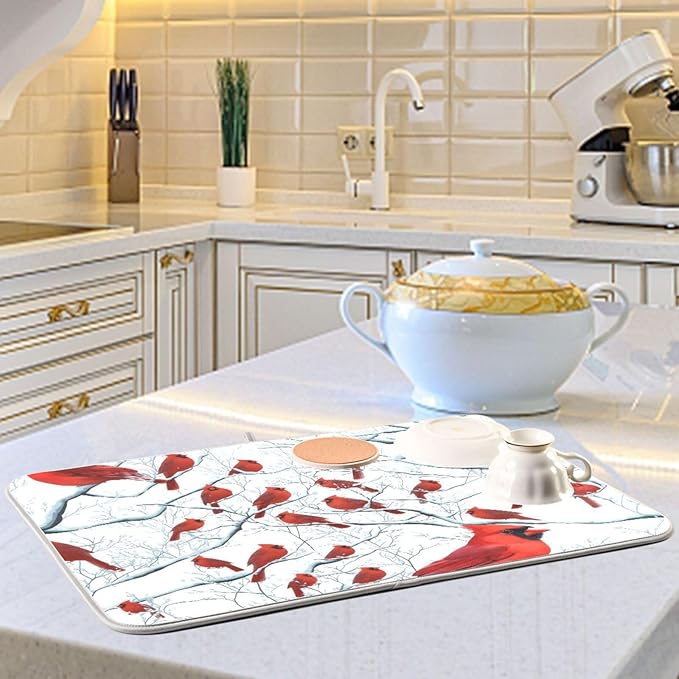 Red Birds on Branches Dish Drying Mat for Kitchen Counter Super Absorbent Dishes Pad Reversible Microfiber Protector Dish Draining Mats 18x24 inch