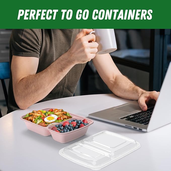 50 Pack (100-Piece) 28 oz Meal Prep Containers Reusable with Lids 2-Compartment, Sturdy Leakproof Food Safe, Microwave Freezer Dishwasher Safe, To Go Take Out Plastic Food Storage, Pink