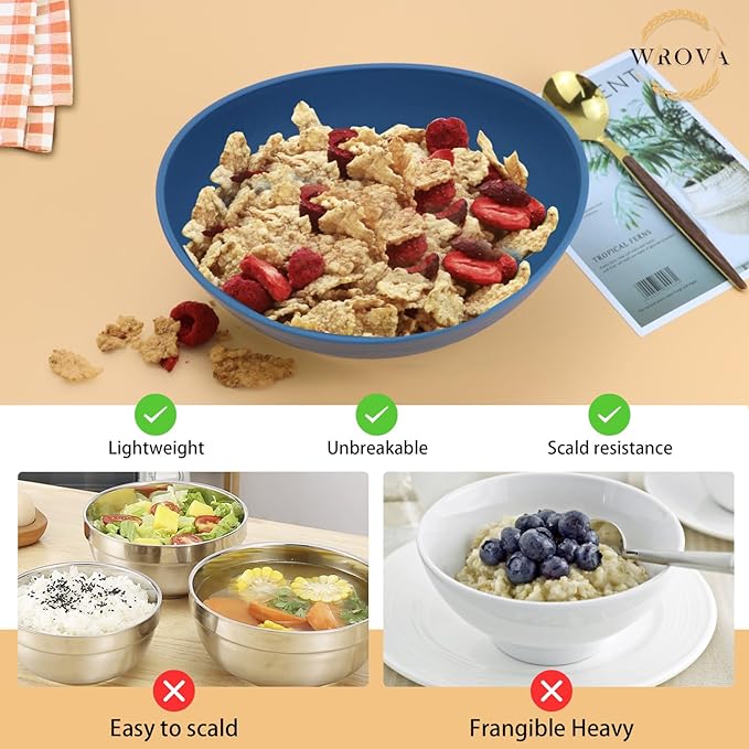 Wrova 65oz Big Wheat Straw Bowls - Large Salad Bowls set of 6 - Unbreakable Serving Bowls - Microwave & Dishwasher Safe - Oval Bowls for Cereal,Salad,Fruit - Ocean Series