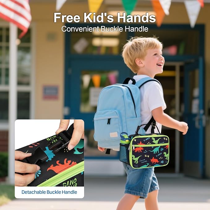 Bagseri Kids Lunch Bag with Ice Pack - Kids Lunch Box for Boys Reusable and Insulated Lunch Bag Toddler Lunch Box for Daycare and School, Black Dinosaur