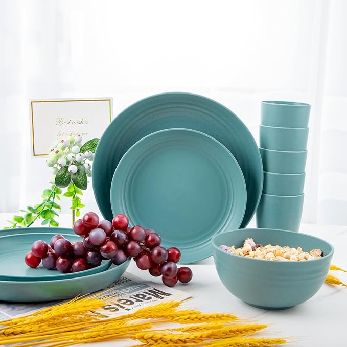 Supernal 32pcs Wheat Straw Dinnerware Sets,Dinnerware Sets for 8,Unbreakable Dinnerware,Reusable Tableware,Dark Green Set 16pcs Plates, 8pcs Bowls, 8pcs Cups,Microwave Dishwasher Safe