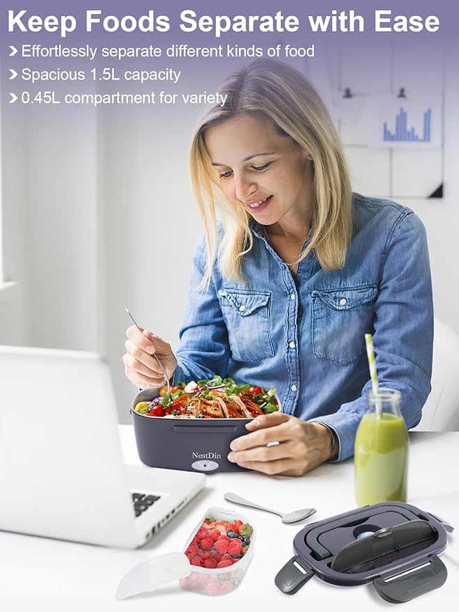 80W Electric Lunch Box for Adults, Portable Heated Lunch Box for Men, 1.5L Food Warmer Lunchbox for Car/Truck/Office, 12V/24V/110V Leak-Proof, Dishwasher-Safe with Insulated Bag(Purple Grey)