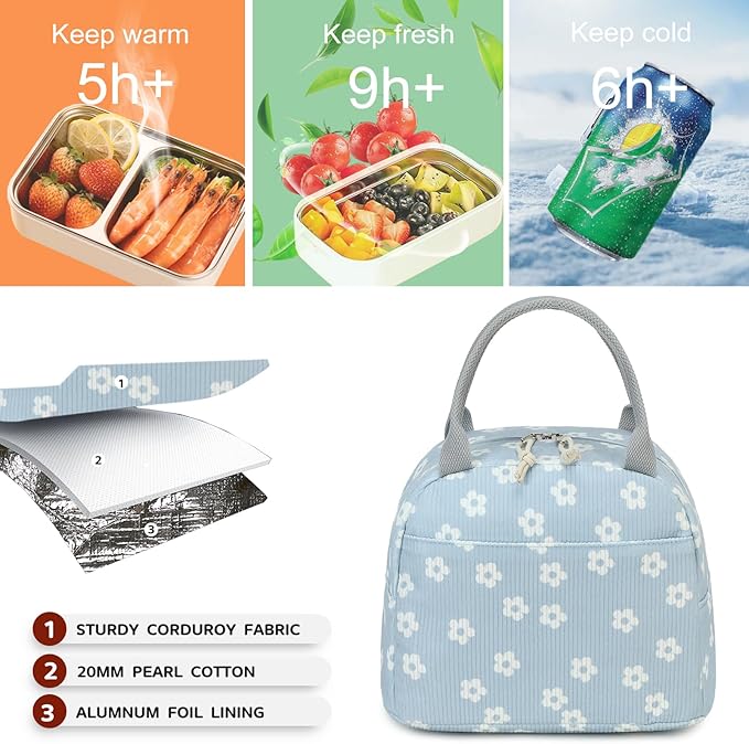 Bluboon Lunch Bag for Women Men Cute Corduroy Lunch Tote Bags Reusable Insulated Lunch Box Large Capacity Reusable Insulated Cooler for Work Picnic or Travel