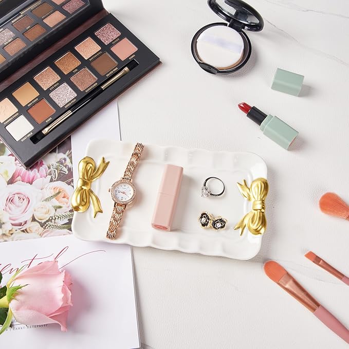 Bow Jewelry Tray Ceramic Trinket Dish for Rings Earrings Necklaces Bracelet Watch Keys, Ring Dish Plate Key Bowl Room Decor Aesthetic Vanity Perfume Tray, Gifts for Women, 6.69"