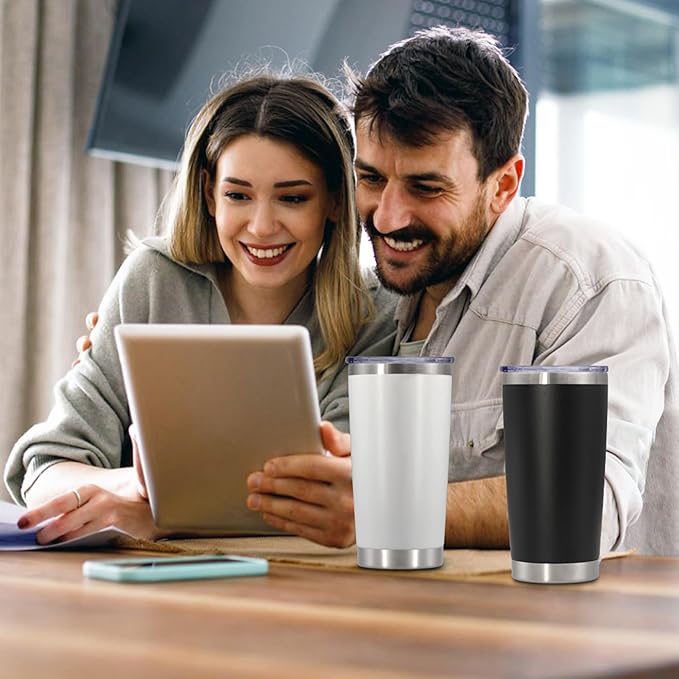 20 oz Tumbler with lid Double Wall Vacuum Insulated Tumblers Stainless Steel Coffee Mug Travel Coffee Tumbler Powder Coated Tumbler Cup Keep Hot&Cold - (White 12 Pack)