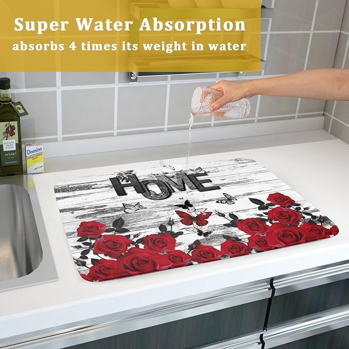 Red Rose Dish Drying Mat 18x24 inch Romantic Floral Absorbent Microfiber Sink Counter Dishware Drainer Pad for Kitchen Coffee Bar Decor