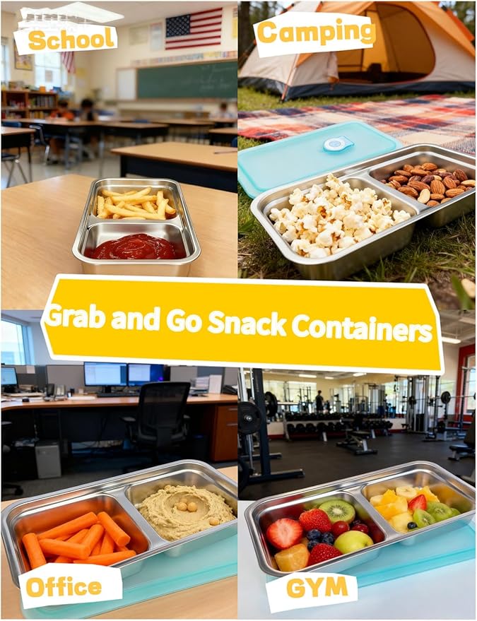 Stainless Steel Snack Containers, Double Compartment Snack Containers, Stainless Steel Snack Box with Lids for Travel, Work and Home (2PCS)