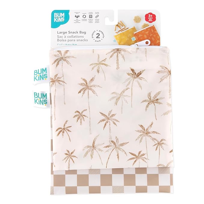 Bumkins Reusable Sandwich and Snack Bags, for Kids School Lunch and for Adults Portion, Washable Fabric, Waterproof Cloth Zip Bag, Travel Pouch, Food-Safe, Large 2-pk Palm Trees, Check