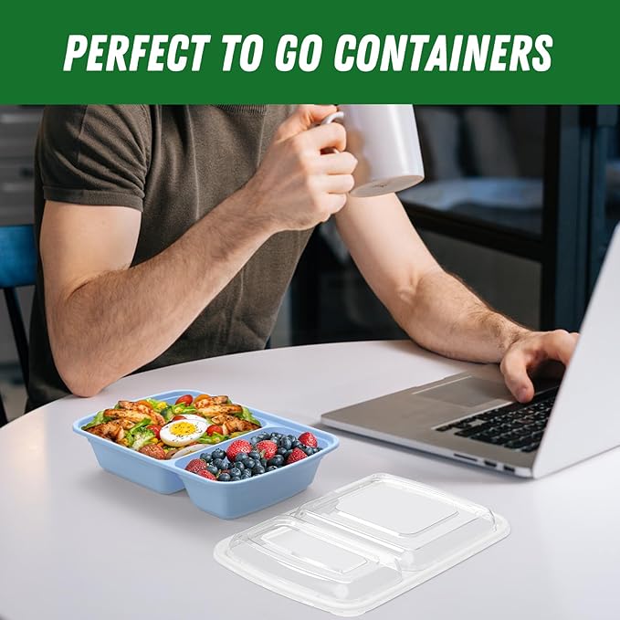 50 Pack (100-Piece) 28 oz Meal Prep Containers Reusable with Lids 2-Compartment, Sturdy Leakproof Food Safe, Microwave Freezer Dishwasher Safe, To Go Take Out Plastic Food Storage, Blue