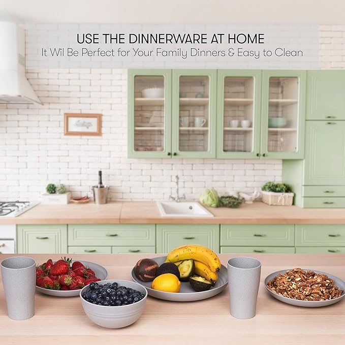 Wheat Straw Dinnerware Sets | Unbreakable Dinnerware Sets | Dishwasher Microwave Safe Dinnerware | Eco Friendly Non Breakable Dinnerware Sets | RV Outdoor Camping (Grey, Service for 4 (16 pcs))