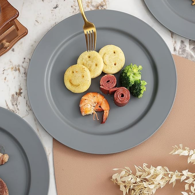 Berglander Plastic Plates Set of 8 Pieces 10", Gray Reusable Flat Dinner Plates, Salad Plates, Pasta Bowls, Dishes Set Easy to Carry for Home, Garden, Picnic, Camping, Outdoor