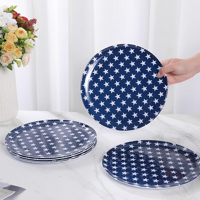 White Melamine Dinner Plates,6pcs Dishes Set,10inch Lightweight Round Plates,Scratch Resistant Unbreakable Serving Dishes,Star