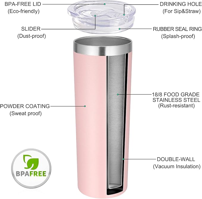 VEGOND Stainless Steel Skinny Tumbler, 20 oz Vacuum Insulated Tumbler with Lid and Straw, Double Wall Coffee Cup, Travel Mug for Cold Hot Drinks, Light Pink 1 Pack