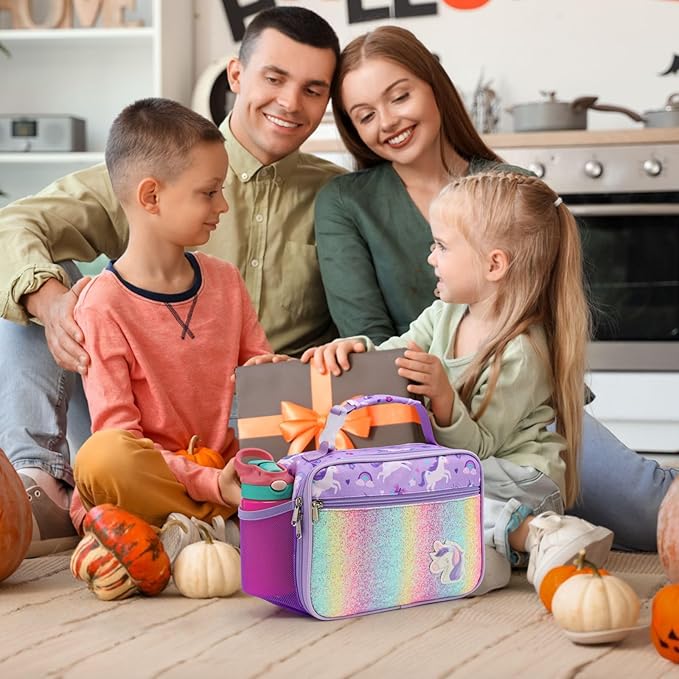 Bagseri Lunch Bag for Girls - Kids Lunch Box for Girls Reusable Leak-Proof and Insulated Kids Lunch Bag Toddler Lunch Box for Daycare and School, Glitter Purple Unicorn (Water Bottle Not Included)