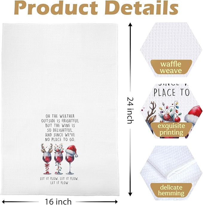 Christmas Wine Kitchen Towels - Christmas Bar Decor, Wine Lovers Decorative Waffle Dish Towels, Bartender Gifts for Women Hand Tea Towel, 16x24 Inches