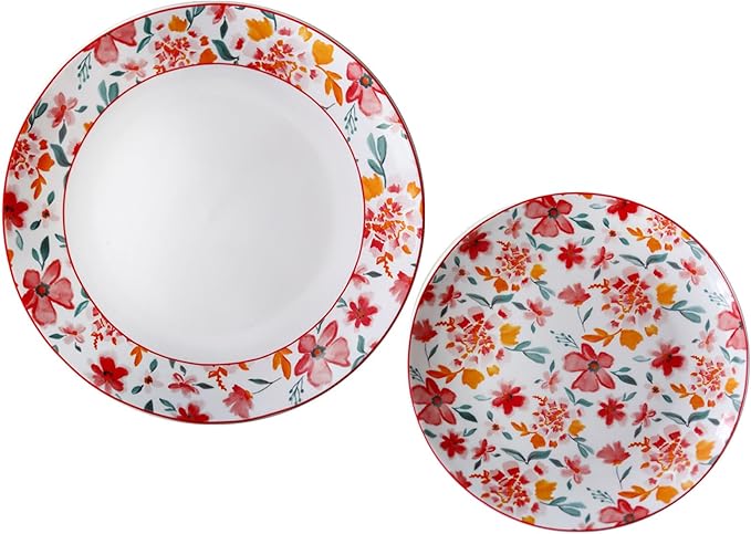 Porcelain Floral Plates 8 Inches &10 Inches Set of 4 Total, Ceramic Dessert Plate, Appetizer Salad Plate Set, Dinnerware Dinner Plates for Kitchen, Cake Snacks