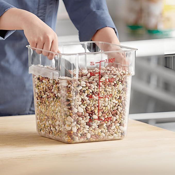 4 Pack Food Storage Containers, 8 Quart with Lids, Square Commercial Containers with Scale, Clear NSF Food Organizing, Polycarbonate