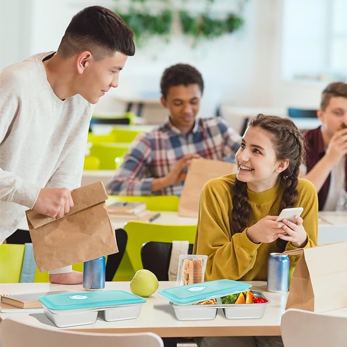 6 PCS Stainless Steel Snack Containers, Double Compartment Bento Box (30oz) with Leakproof Lids, Food Lunch Storage Box Dishwasher Safe & Reusable for Lunch Prep, Travel, Outdoor Camping