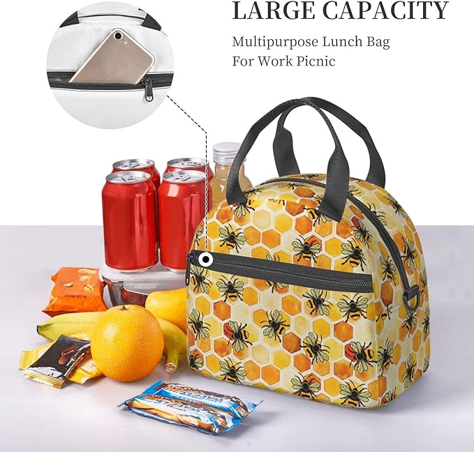 Bee Reusable Insulated Lunch Box Waterproof Lunch Bag with Detachable and Adjustable Shoulder Strap for Office Picnic or Travel