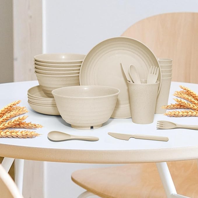 42 pcs Wheat Straw Dinnerware Sets - SHECIPIN Unbreakable Reusable Dinnerware Set Kitchen Cups Plates and Bowls Sets,Dishwasher Microwave Safe (Beige)