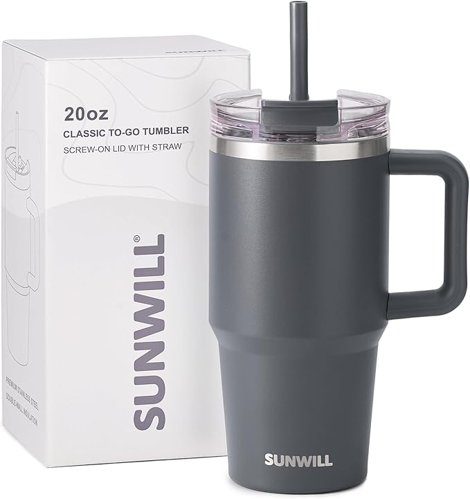 SUNWILL Coffee Tumbler with Handle, 20 oz Travel Mug with Lid and Straw Insulated, Stainless Steel Cup Leak Proof for Travel & Outdoor, Cupholder Friendly, Powder Coated Charcoal