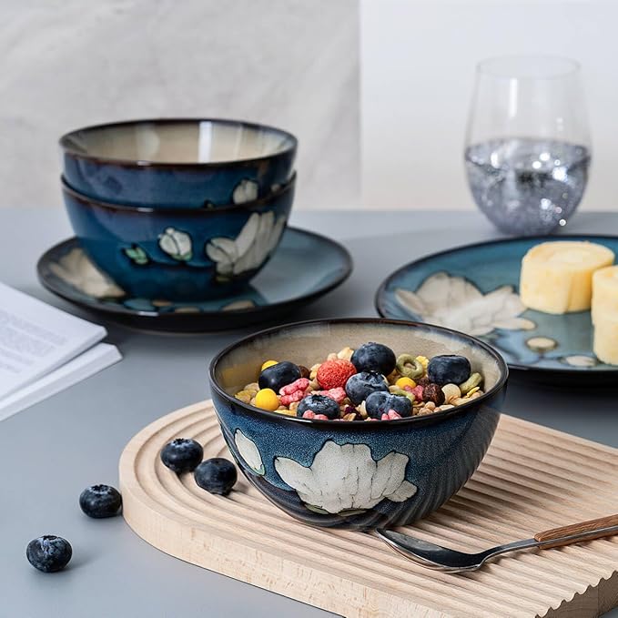 Dinnerware Set Blue Stoneware 12 Pieces Service for 4, Stoneware Plates and Bowls Set Highly Chip and Crack Resistant Stoneware Set, Dishwasher Microwave Safe Dishes set