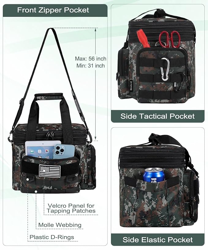 Tactical Lunch Box for Men, Expandable Large Insulated Lunch Bag for Adult, Heavy Duty Double Deck Lunch Cooler Bag with Shoulder Strap, Leakproof Soft Lunch Pail with American Flag - Green Camo