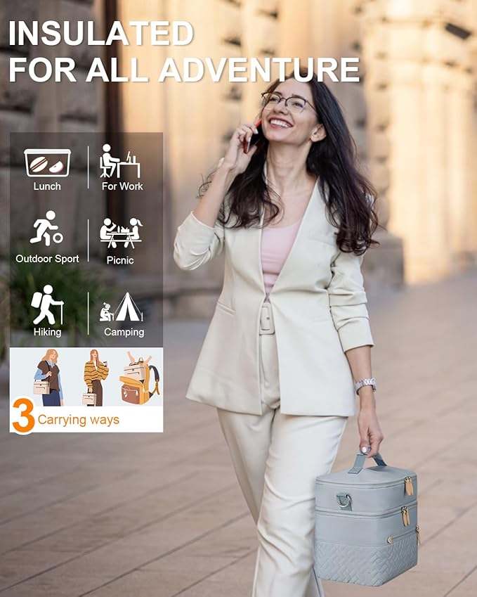 Capolo Lunch Box for Women Men Adults,Double Deck Insulated Lunch Bag Leakproof Lunch Cooler Box with Removable Strap Lunch Tote Bags Reusable Thermal Lunchbox for School Work Picnic(Large,Blue)