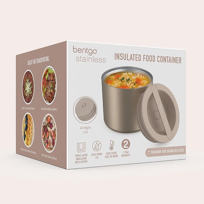 Bentgo Stainless Insulated Food Container - 2.4 Cups (19 oz), Triple-Layer Insulation, Vacuum Seal, Leak-Proof, Built-In Handle, Wide Opening, Premium Stainless Steel, for Cool/Warm Foods (Gold)