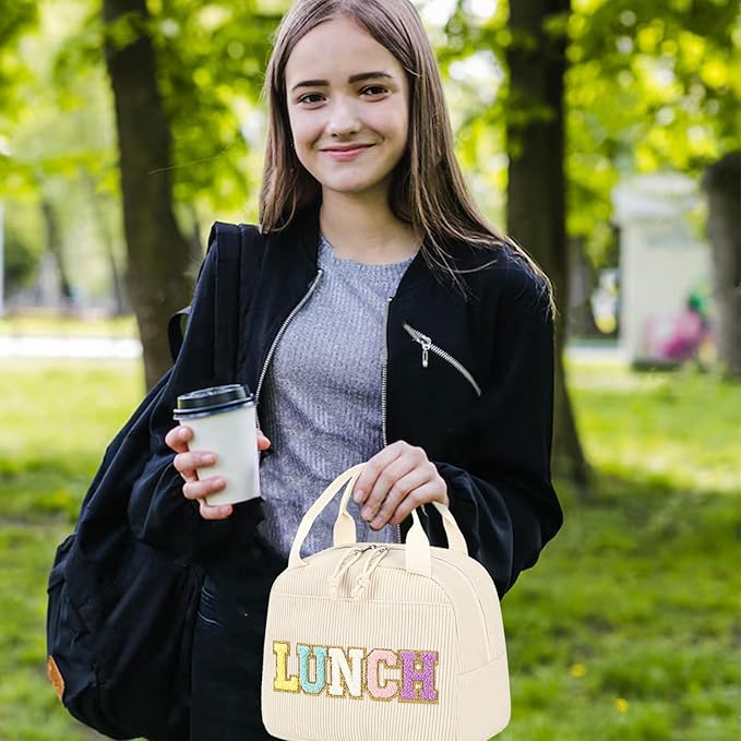 Bluboon Lunch Bag for Women Men Cute Corduroy Lunch Tote Bags Reusable Insulated Lunch Box Large Capacity Reusable Insulated Cooler for Work Picnic or Travel (Corduroy beige+lunch)