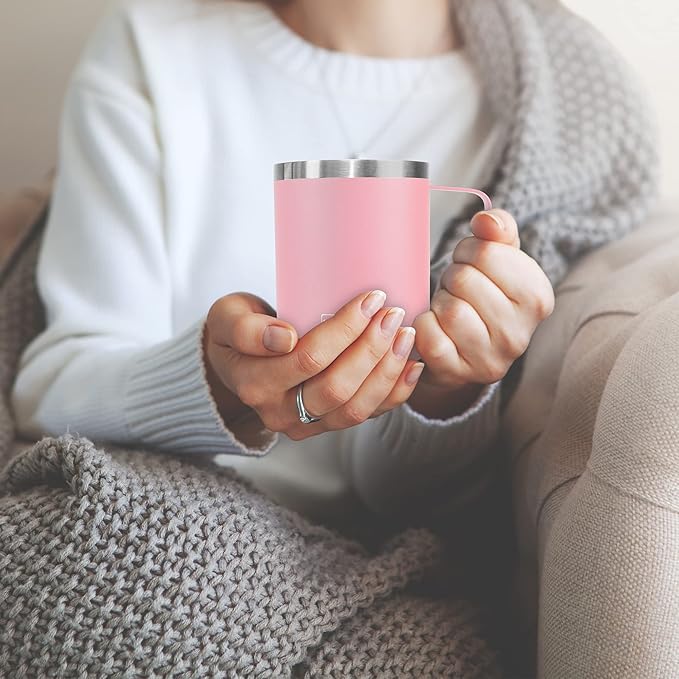 WETOWETO 14 oz Coffee Mug, Vacuum Insulated Camping Mug with Lid, Double Wall Stainless Steel Travel Tumbler Cup, Coffee Mugs Outdoor, Powder Coated Ice Pink