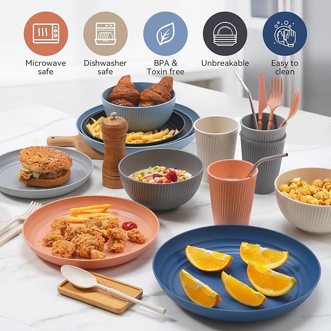 Wheat Straw Dinnerware Sets,64-Piece Beige Plates and Bowls Sets for 8-Unbreakable,Reusable Plastic Dish Set-Dinner Plate/Dessert Plate/Cereal Bowl/Cup/Utensils-Microwavable Dishwasher Safe 64P-Beige