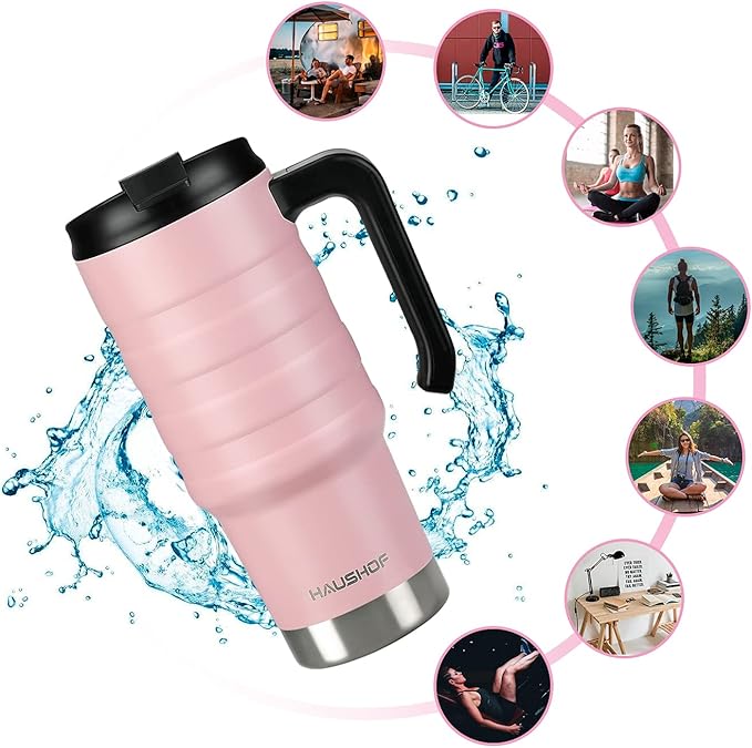 HAUSHOF 24 oz Travel Mug, Stainless Double Wall Vacuum Insulated Tumbler with Handle & Spill Proof Twist On Flip Lid and Wide Mouth, BPA Free (Pink)