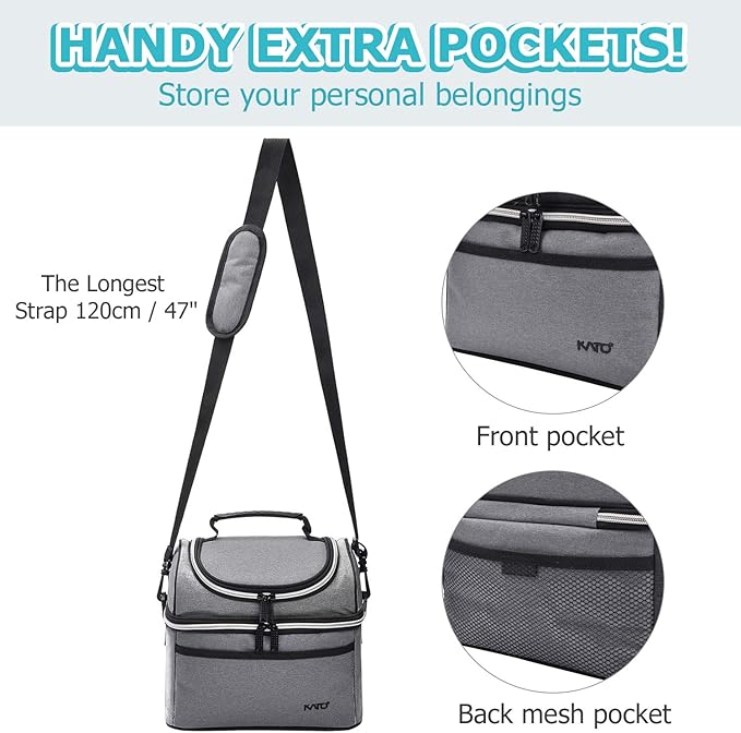 Tirrinia Reusable Lunch Box for Men Women, Insulated Lunch Bag Adult Work, Double Decker Leakproof Lunchbox for Office Picnic Beach—Dual Compartment Lunch Cooler Bag,Grey