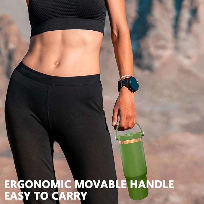 30 oz Tumbler Bulk with Handle and Straw, Vacuum Insulated Tumblers with Flip Straw and Top Handle, Leakproof Powder Coated Tumbler, Stainless Steel Travel Mug for Coffee (Army Green, 8 Pack)