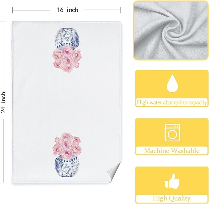 Blue and White Chinoiserie Pink Rose Flowers Floral Kitchen Towels Set of 2 - Rose Decorative Hand Towels for Kitchen Bathroom, Blue and White Chinoiserie Floral Gifts, 16x24