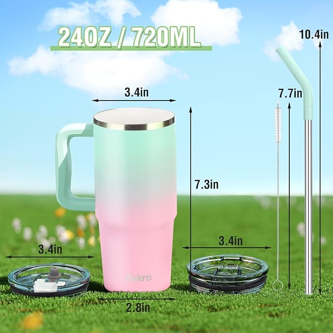 Zukro 24 oz Ceramic Lined Insulated Tumbler with Handle and Straw, No Metal Taste or Smell, Travel Coffee Mug with Spillproof Lids, No Sweat Stainless Steel Cup, Dishwasher Safe, Bubblegum