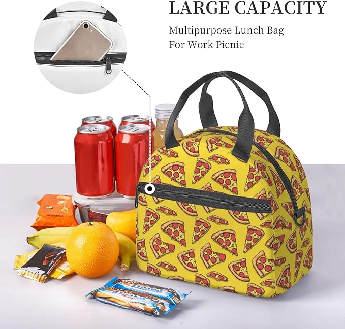 Pizza Reusable Insulated Lunch Box Waterproof Lunch Bag with Detachable and Adjustable Shoulder Strap for Office Picnic or Travel