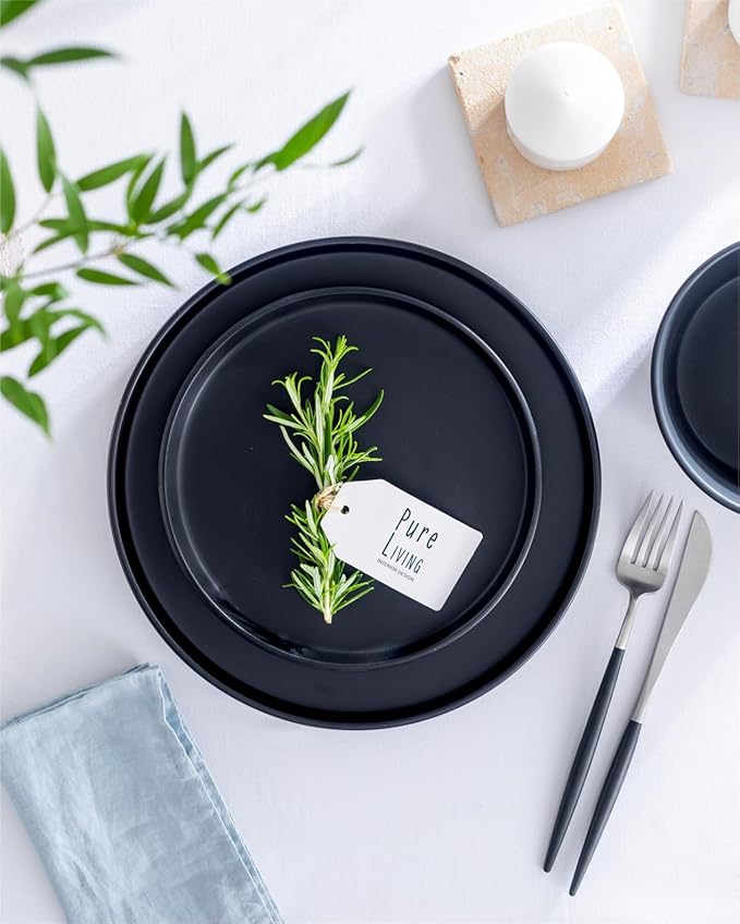 Stoneware dinnerware set 8 persons 32 pcs – Matte black style plates and bowls set – Dishwasher and microwave safe – Bowl and plate set – Dinner service Pure Living Interior Design