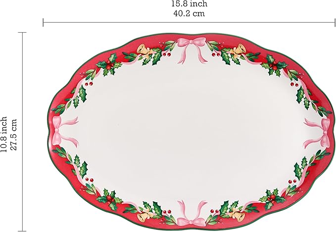 Bico Ribbon Christmas Scalloped 16 plus 14 inch Ceramic Oval Platters Set, Set of 2, Microwave & Dishwasher Safe, for Serving Fish, Chicken, Turkey