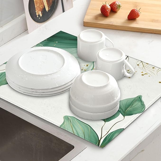 Watercolor Green Palm Leaves Dish Drying Mat 16x18 Inch, Microfiber Absorbent Fast Dry Mat Large Dish Mat Drying Kitchen Mat, Kitchen Drying Pad for Kitchen Counter Coffee Bar Decor Gifts