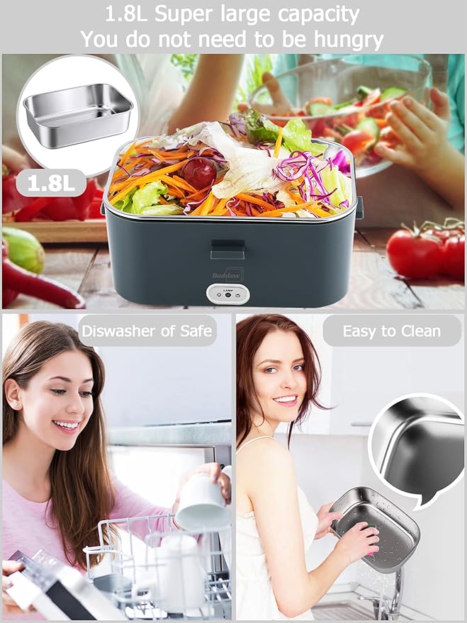 Buddew Electric Lunch Box for Adults, 80W Heated Lunch Box 1.8L Stainless Steel Portable Food Warmer,12/24/110V Lonchera Electrica Portatil for Travel & Work, Loncheras para Hombres de Trabajo