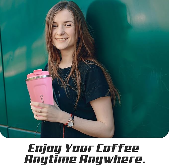 Travel coffee mugs leak-proof, reusable coffee cups with lids, stainless steel vacuum thermos coffee tumblers,thermal insulation cups for men and women hot & cold drinks(2nd-Pink, 12OZ)