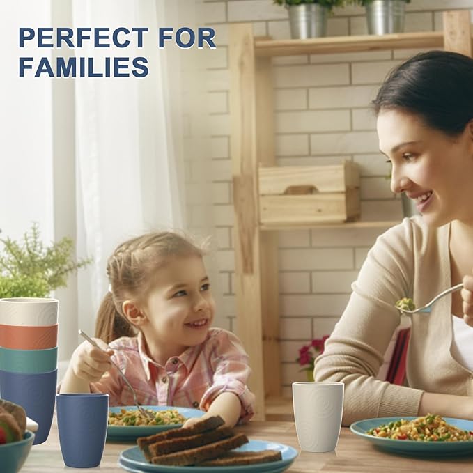 Wheat Straw Cups 8 PCS Good Alternative to Plastic Reusable Cups 12 oz Unbreakable Drinking Cup Reusable Dishwasher Safe Water Plastic Glasses Colorful