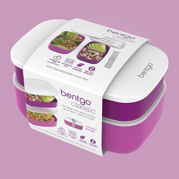 Bentgo Classic - Adult Bento Box, Stackable 3-Compartment Lunch Box with Removable Utensil Set and Sealing Strap, BPA-Free, Food Container Ideal for Meal Prep, Work, and On the Go (Purple)